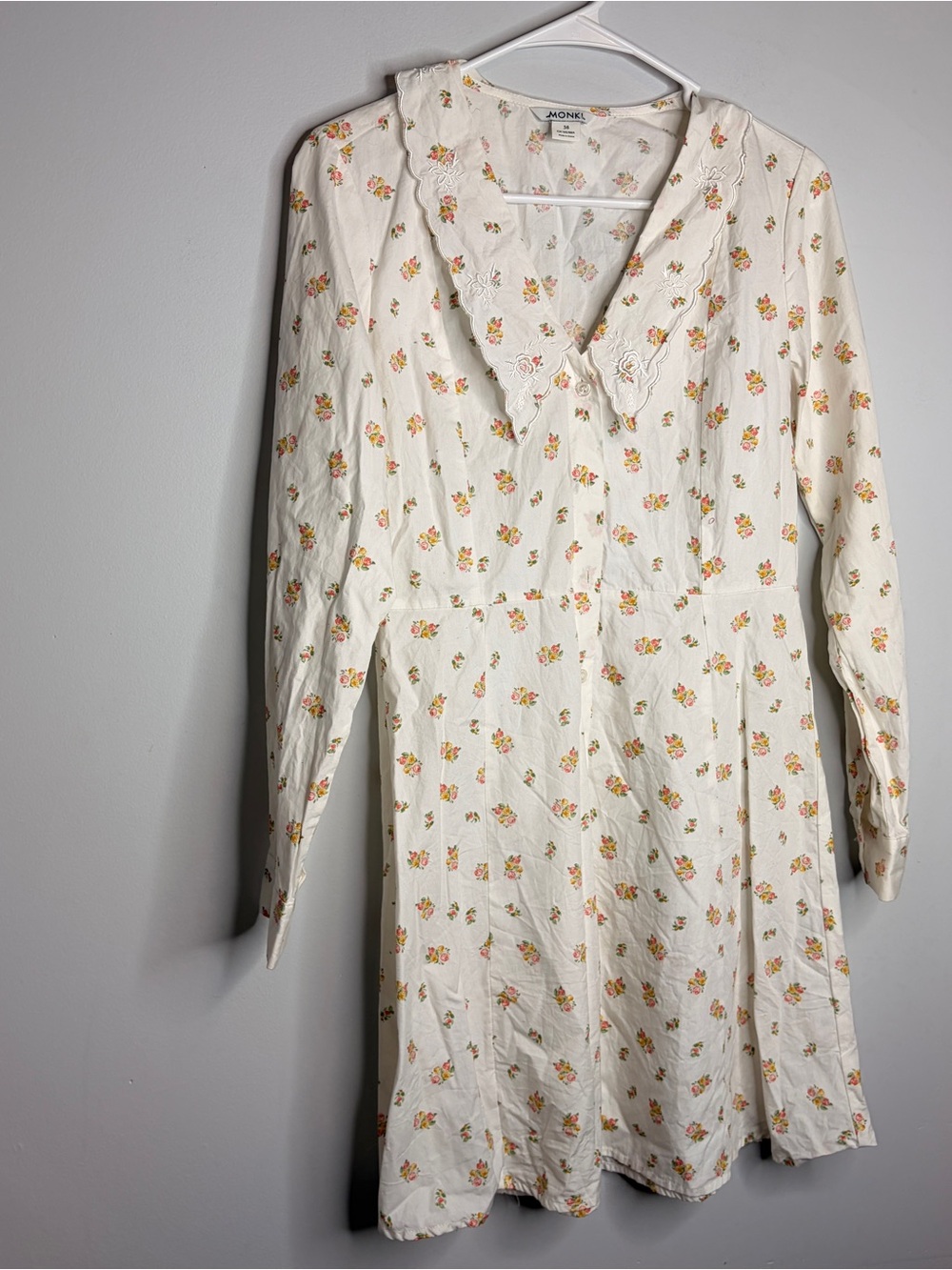 Monki Cream Long-Sleeve Peasant Coquette Floral V-Neck Dress